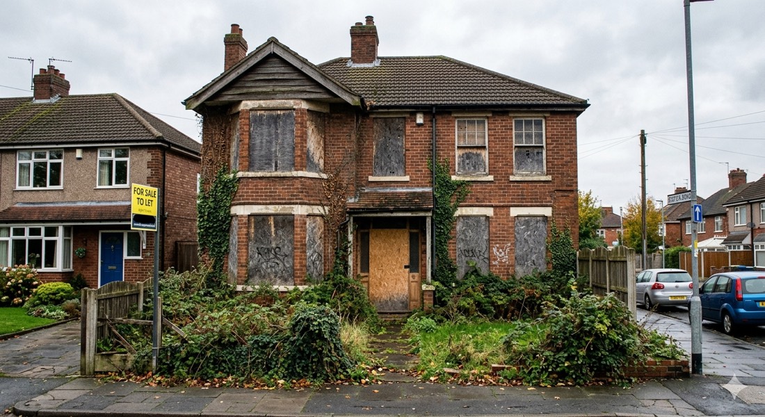 Boarded-up residential windows after damage